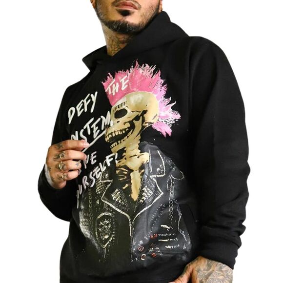 Reason Defy the System Punk Skeleton Hoodie Men’s Large Black Pink Mohawk - Picture 8 of 13